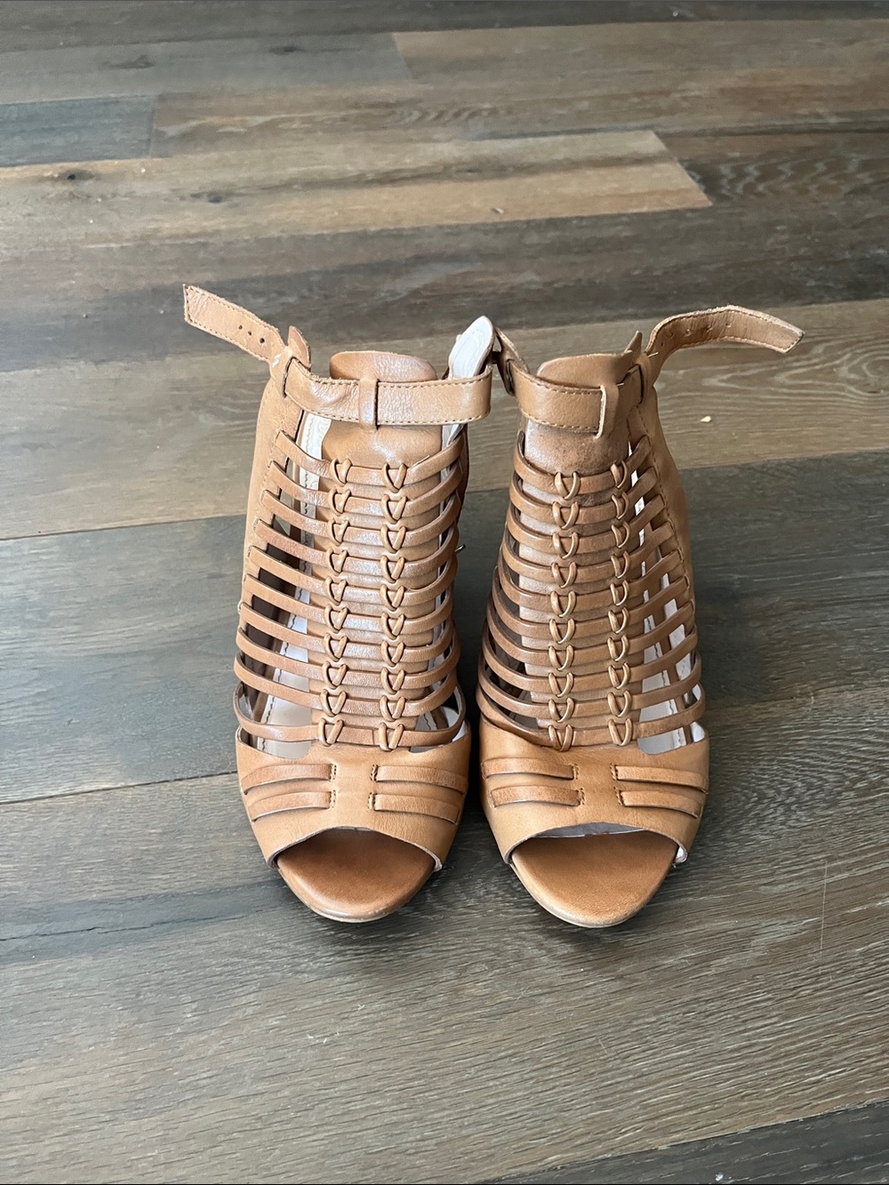 Vince Camuto Cognac Woven Strappy Peep-Toe Heels